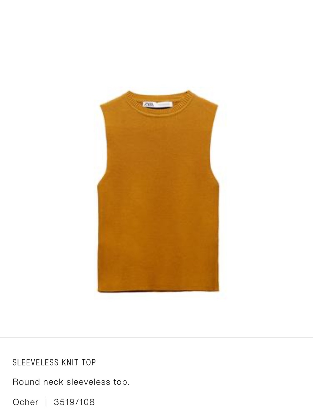 Zara Mustard  Sleeveless Knit  Top